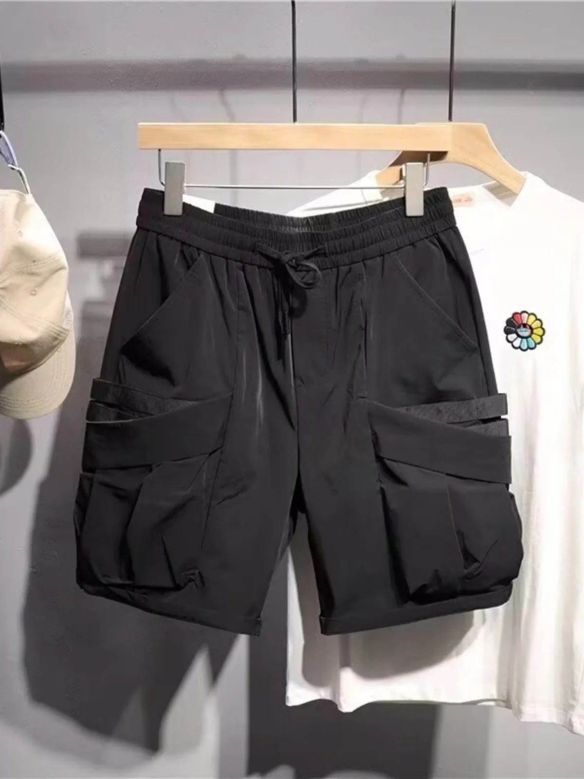 

Men's Summer Ice Silk Thin Five-Quarter Workwear orts Loose American Casual Sle Elastic Waist Straight Leg Qui Dry