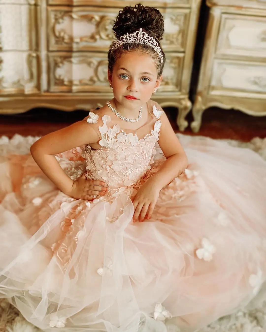 FATAPAESE Flower Girl Dresses for Wedding Pearl Pink Floral Tulle Luxury Princess Long Maxi Kids Bridesmaid Ball Gowns Birthday