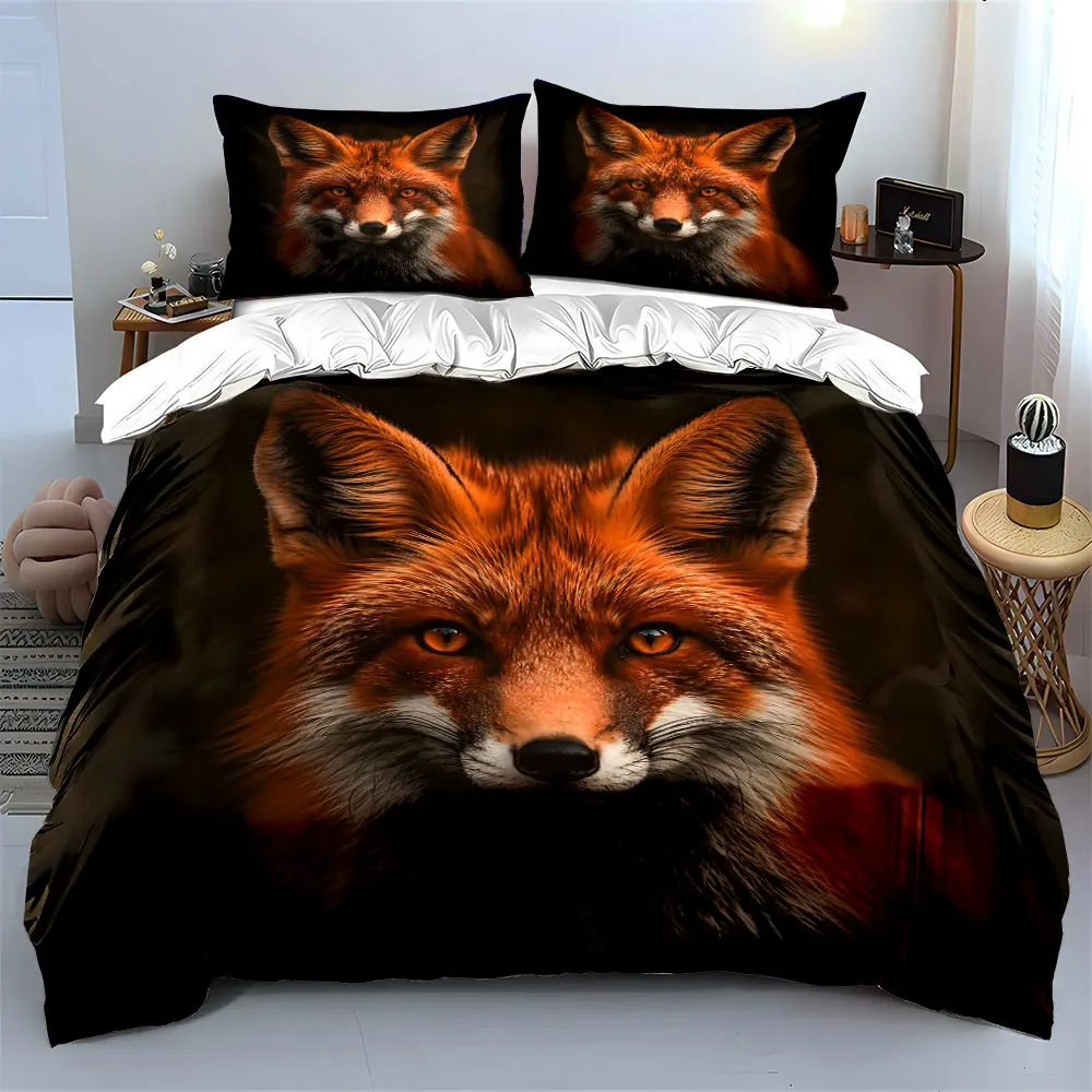 Red fox staring forward black background Soft Comfortable Duvet Cover Bedding Set Included 1*Duvet Cover  2*Pillowcases