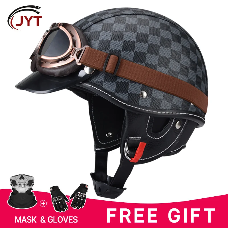 Half Face Motorbike Helmet Leather DOT Approved Low ProFile Motorcycle Helmet with Goggles German Retro Half Helmet All Seasons