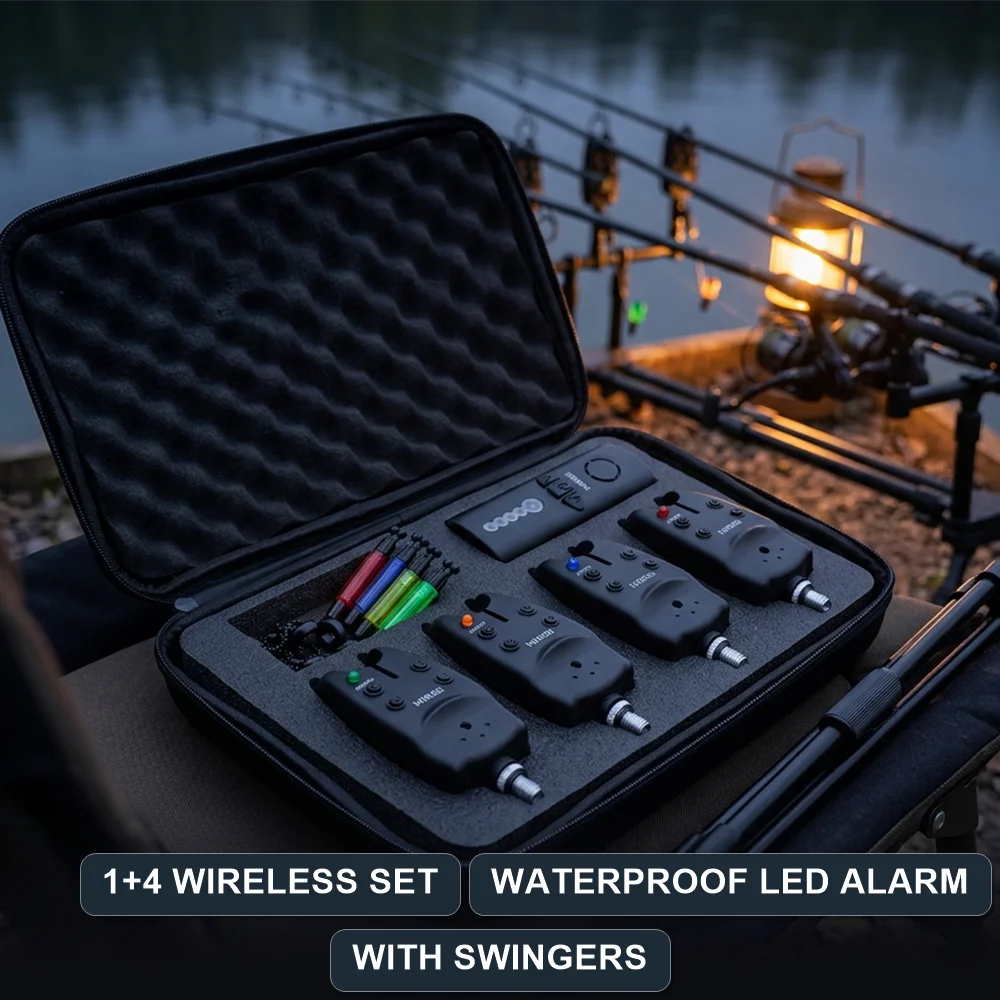 HIRISI 1+4 Wireless Carp Fishing Bite Alarm Set, Waterproof LED Receiver with 4 Swingers, Night Fishing Rod Tackle Accessories