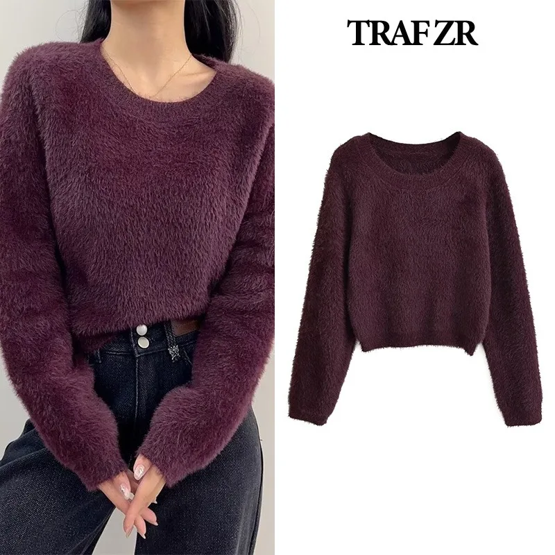 TRAF ZR Knit Pullovers Harajuku Vintage Burgundy Sweater Mink Cashmere Pullovers Long Sleeve Sweaters Women\'s Autumn Sweater