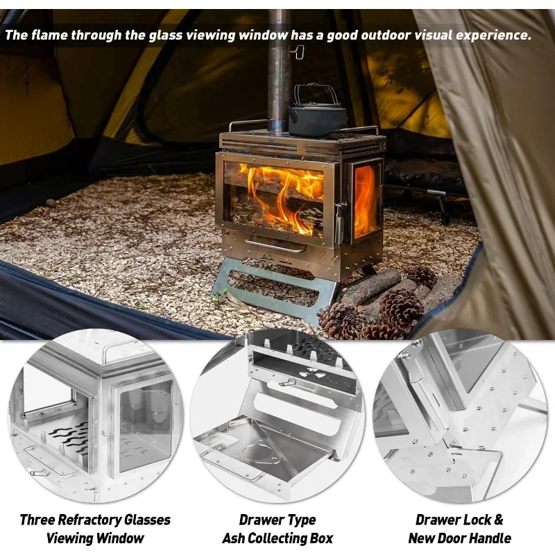 Camping Tent Stove Wood Stove|Dweller Max 3 Stainless Steel Wood Burning Stove for Hiking,Cooking,Heating(with 3 Glasses)