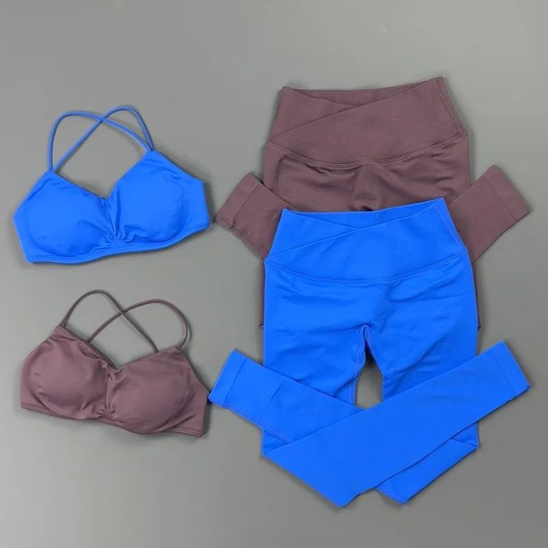 2Piece Gym Set Women Criss Cross Back Thin Strap Sports Bra Ribbed Leggings Soft Waffle Fabric Butt Lifting Yoga Training Outfit