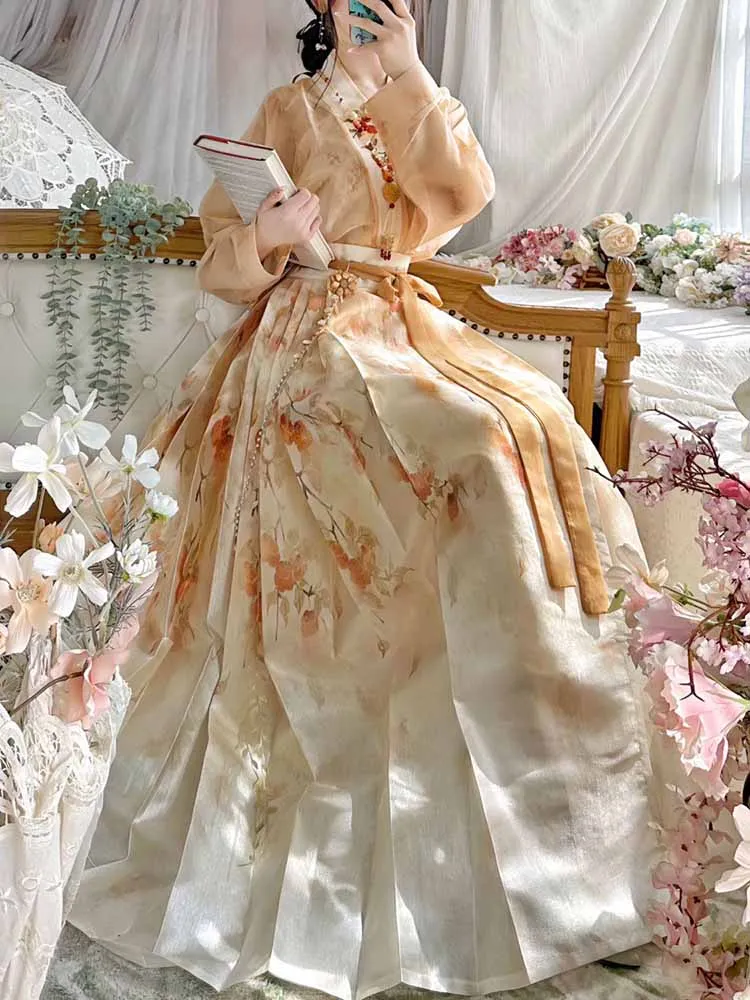 الصينية القديمة Hanfu النساء حزب الزي 2025 الصيف المطبوعة الحديثة الأصفر أعلى مطوي تنورة 3 قطعة مجموعات Hanfu مجموعات