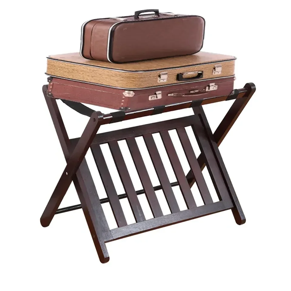 

2026 Fully Assembled Brown Bamboo Folding Luggage Rack Suitcase Stand with Shoe Storage Shelf for Guest Room Bedroom Hotel