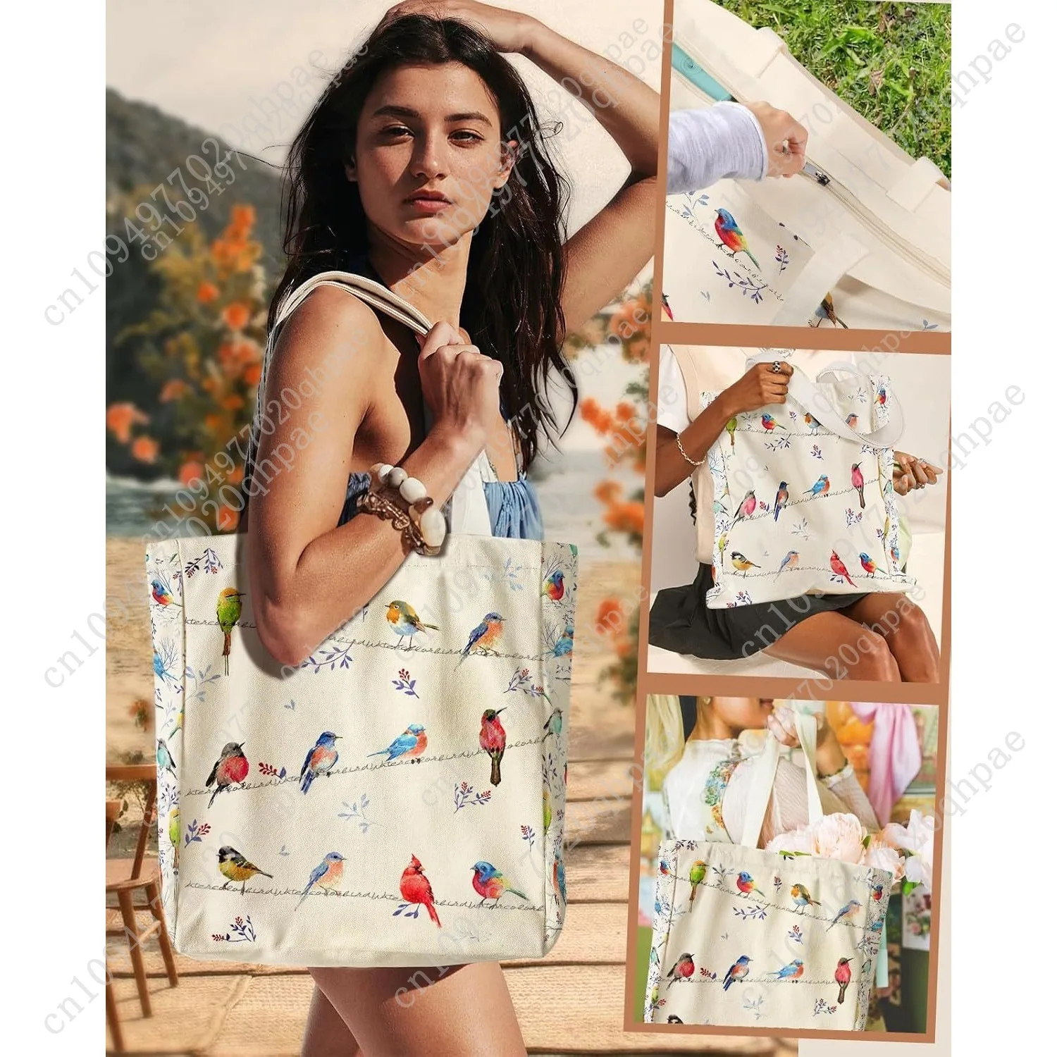 Large Canvas Tote Bag for Women - with Zipper and Inner Pocket Aesthetic Cute Shoulder Bag for Shopping Daily