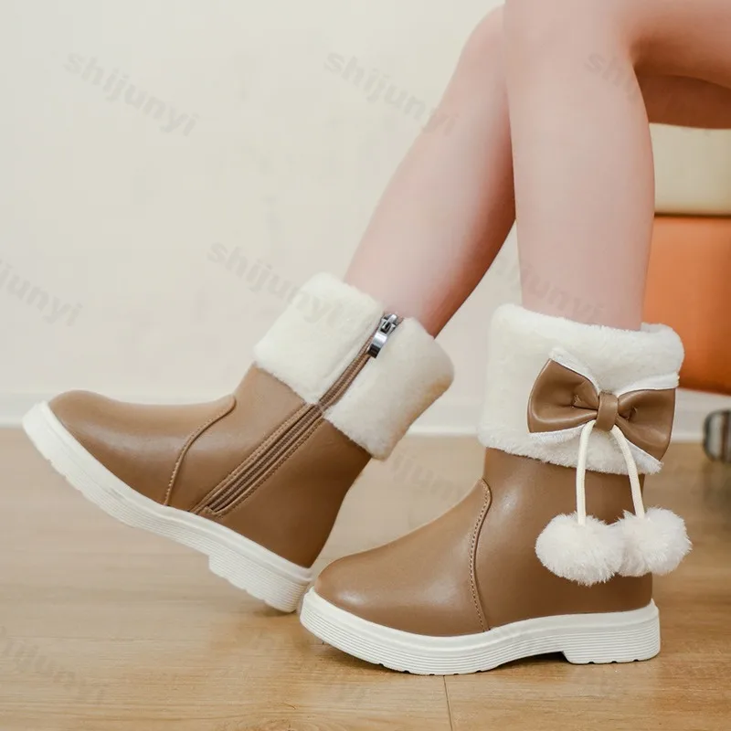 Winter Children Snow Boots Warm Plush Waterproof Comfortable Outdoor Anti Slip Short Boots 2025 New Girl Cute Bow Princess Boots