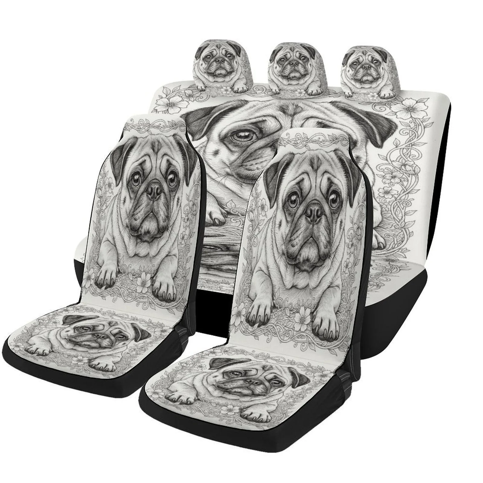 Pug Portrait Themed Car Seat Cover Set For Most Cars, Trendy High-quality Car Seat Protector Covers Full Set, Car Seat Covers F