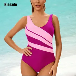 2025 New Trends One Piece Swimsuit Women U Back Color Block Print Bathing Suits Athletic Modest Swimwear