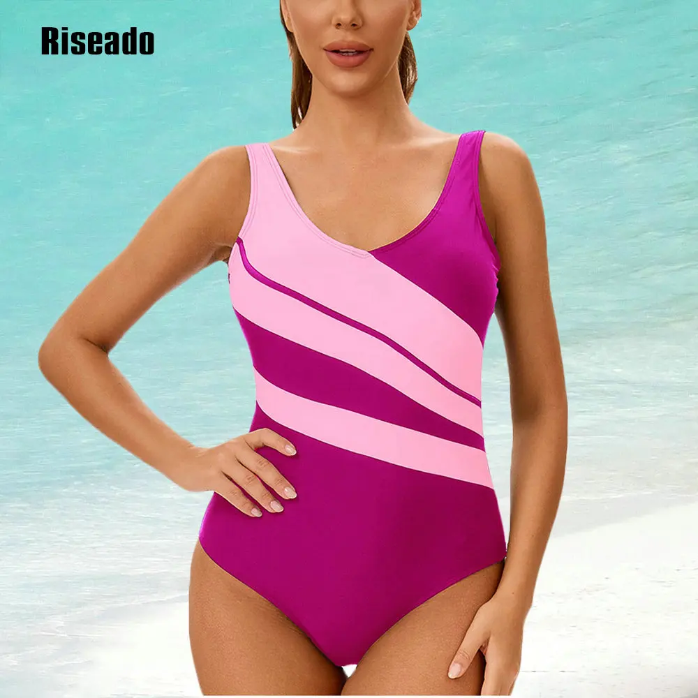 4 Colors Trends One Piece Swimsuit Women U Back Color Block Print Bathing Suits Athletic Modest Swimwear