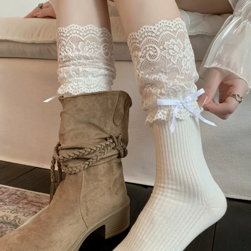 한국 화이트 레이스 트림 양말 달콤한 소녀 패션 귀여운 로리타 Y2K 일본식 양말 단색 중간 길이 리본 보우 여성 양말