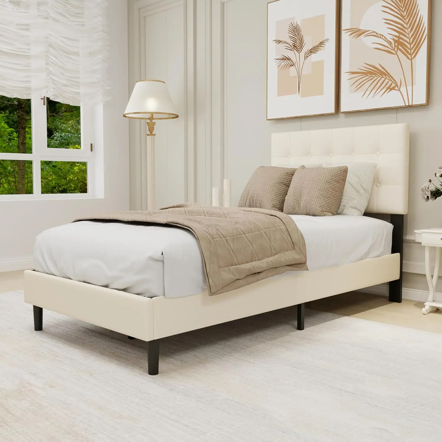 

Upholstered Platform Bed Frame Twin Size With Button Tufted Velvet Headboard Easy Assembly No Box Spring Ned Beige