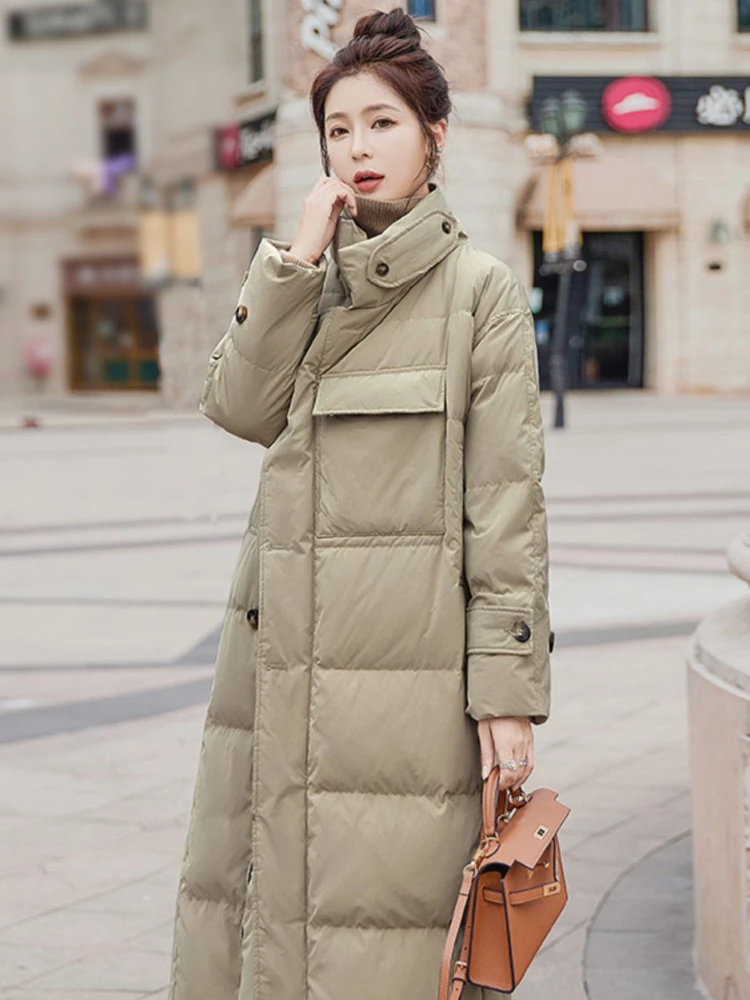 Elegant Commuting Down Cotton Jacket Winter New Stand Collar Loose Plus Size Thicken Windbreaker Midi-Length Cottons Coat Women