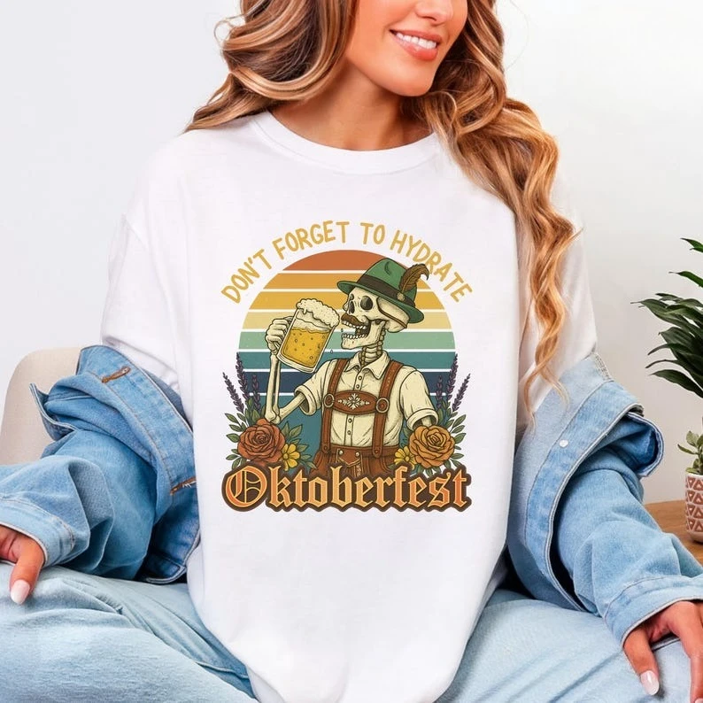 Oktoberfest Shirt Funny Skeleton Beer Lover Gifts Cheers Beer Festival T-shirt German Drinking Team Tee Short-sleeved O-neck Top