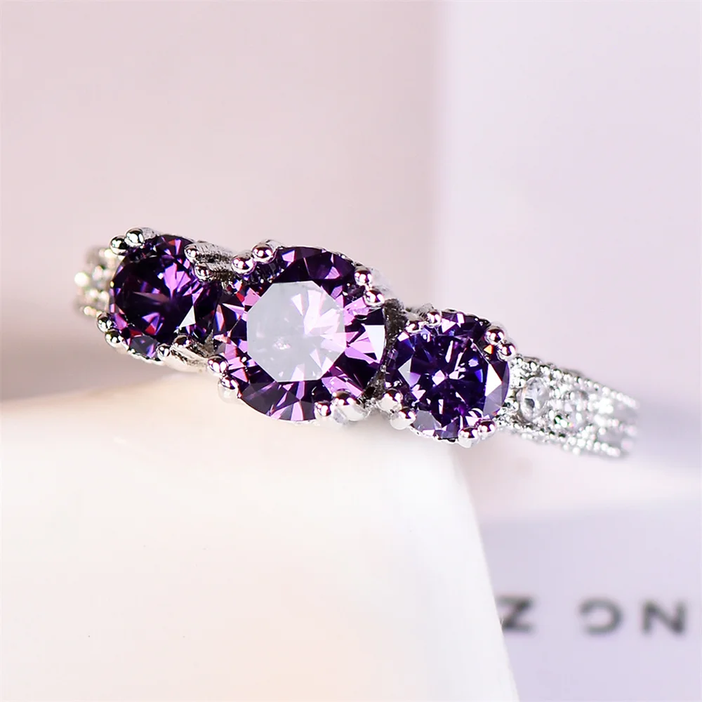 Purple Crystal Three Stone Engagement Rings For Women Trendy Silver Color Bridal Wedding Bands Fashion Jewelry Mother\'s Day Gift