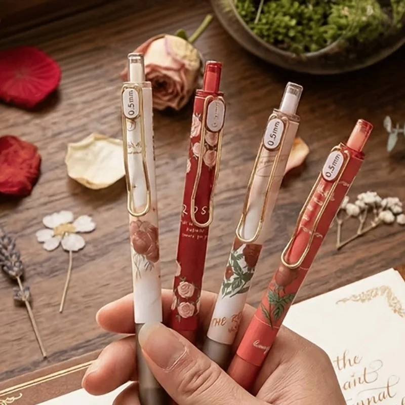 Vintage Rose Floral Retractable Gel Pen, High Aesthetic Value, Ins Style, 0.5mm Black Ink Pen, Student Stationery for Artistic Writing and Exam Practice, Random Designs