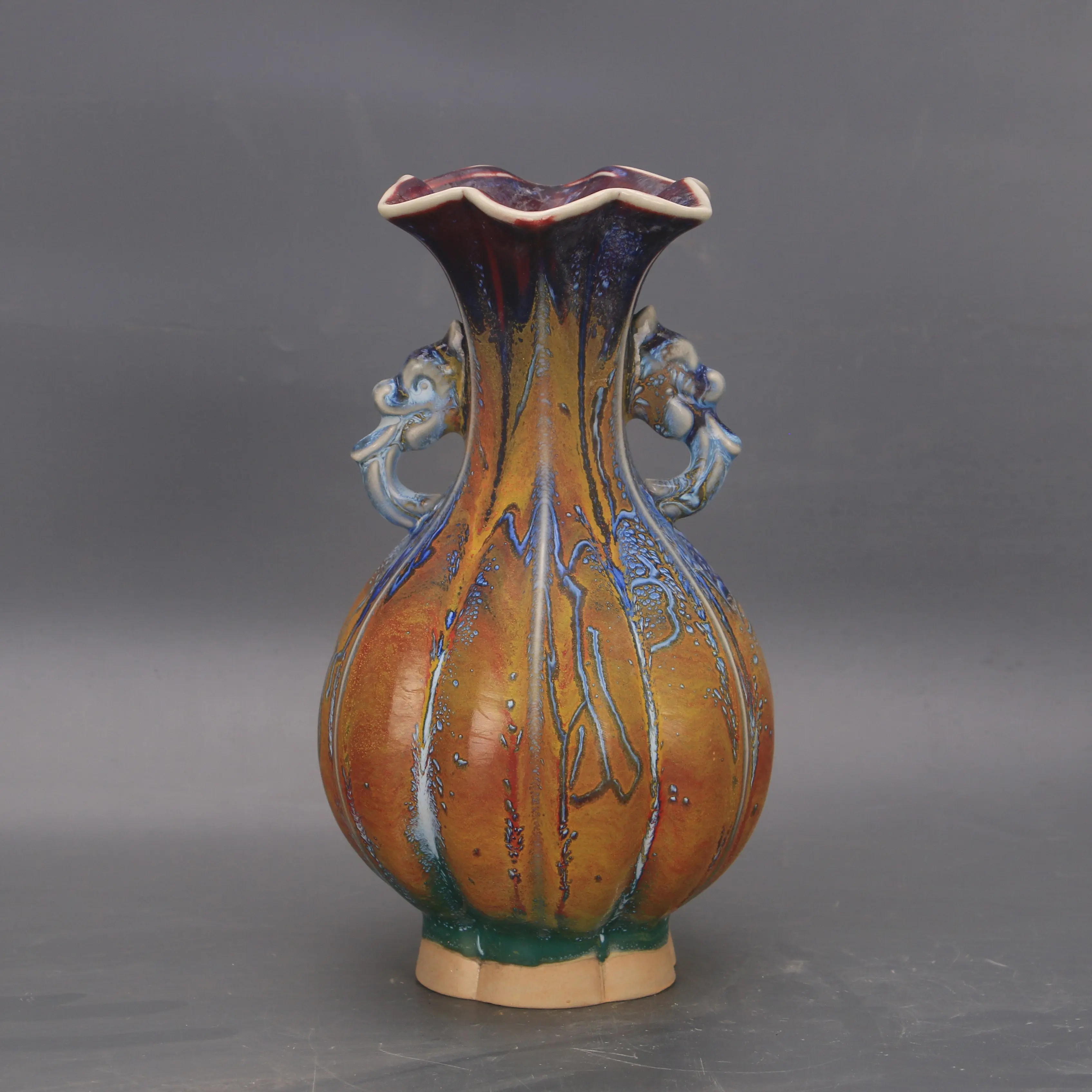 Jun Ware Style Colorful Kiln Changed Twin Dragon Melon Ribbed Flower Mouth Vase Chinese Antique Home Decor Collectible