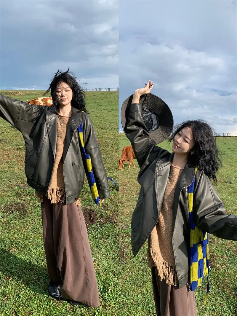 レトロアメリカンウェイドレザー Jaet Bla ブラウン秋冬アウターウェア Rouhop ヴィンテージ Sle ユースファイオン PU レザーコート