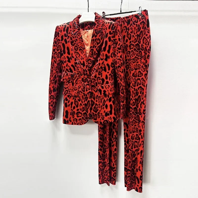 High Quality New Fashion 2024 Fall Winter Women Notched Long Sleeve Leopard Pockets Blazer Long Pants Velvet Two Pieces Sets