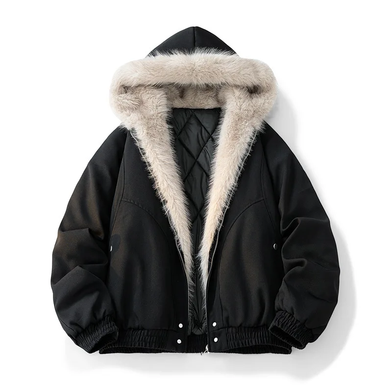 Man Plush Jacket Winter American Retro Thicken Drawing Printed Men Parkas Coat Long Sleeve Casual Fur Hooded Male Outerwear