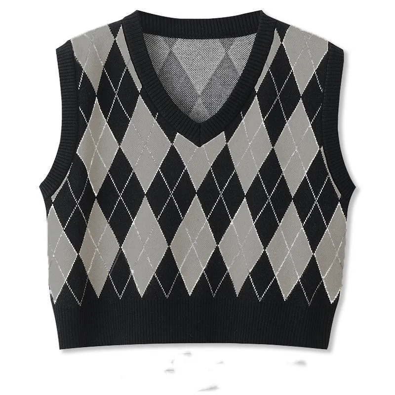 Women Autumn New V-neck Pullover Knit Vest Academy Style Fashion Retro Contrast Plaid Sweater Leisure Versatile Sleeveless Vest