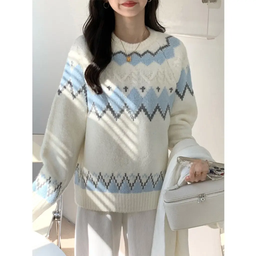 

Женский пуловер с круглым вырезом, вязаный свитер Fair Isle, высококачественный топ в корейском стиле на осень-зиму