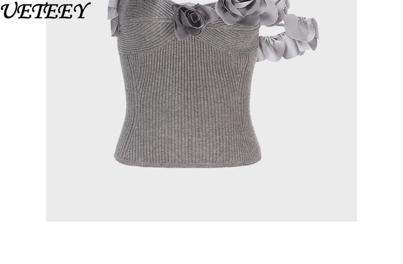 Canotta estiva con base a tracolla lavorata a maglia con fiori grigi Design Sense Temperamento Stile elegante Capispalla per celebrità Canotta corta per donna