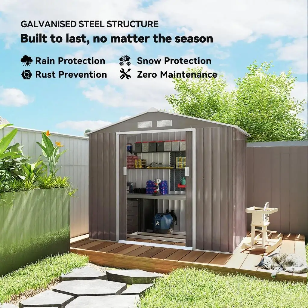 Gray Metal Garden Storage Shed Outdoor Tool House with Sloped Roof for Yard