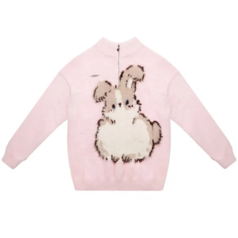 Zipper Stand Collar Plush Pink Sweaters for Girls Cute Rabbit Y2K Printed Kawaii Winter Coats Women Lovely Oversized Korean Tops