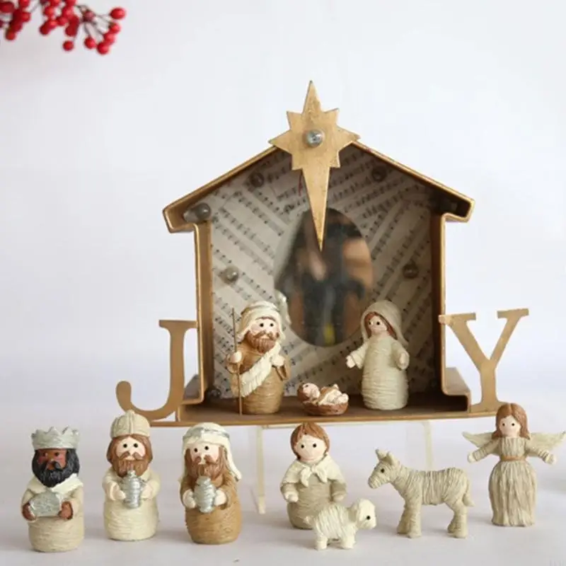 KX4B Christmas Christ Nativity Resin Statue Scene Set Holy Church Decorative Ornament