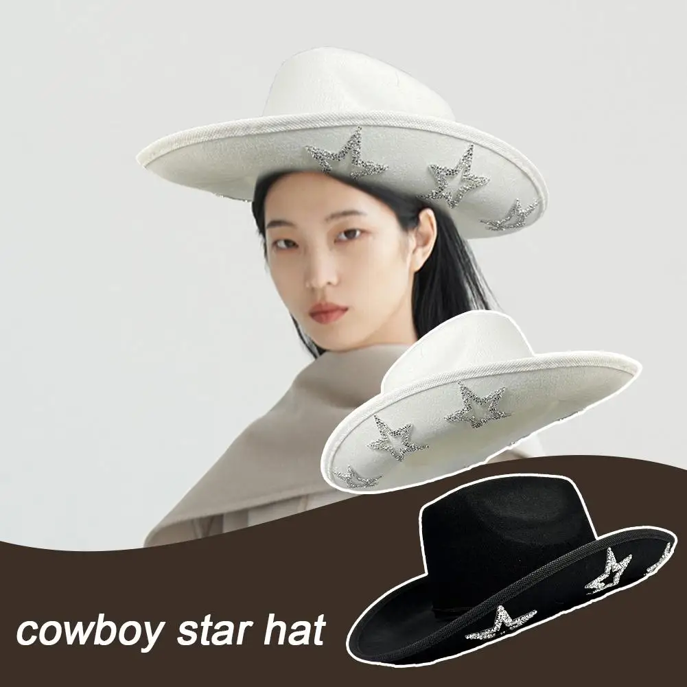 Retro Resin Diamonds Five-Pointed Star Western Big Denim Hat Cap High-quality Outdoor Jazz Hat Felt Sun Cowboy Unisex Brim W4K6