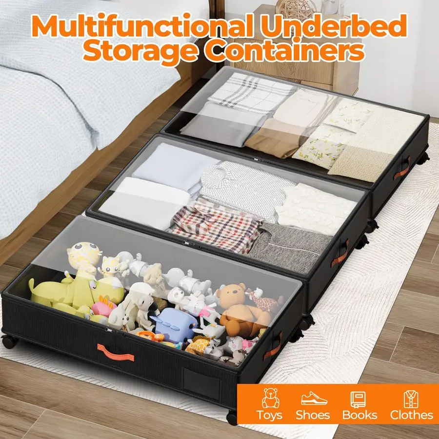 Rangement de lit avec roulettes, paquet de 2 conteneurs de rangement sous le lit avec couvercles transparents, grands bacs organisateurs de rangement sous le lit XXL avec H