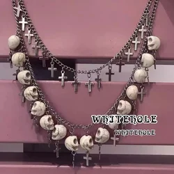 New ins Hip-hop Gothic Cross White Skull Pendant Necklace Punk Double Chain Bone Necklaces Choker For Women Fashion Jewelry Gift