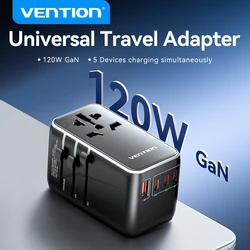 Vention 120W Universal Travel Adapter PD 65W All in One Worldwide Travel Adapter Wall Charger AC Power Plug Adapter for USA EU