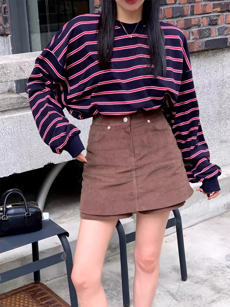 

Свободная длинная футболка с круглым дизайном в полоску Ne, женская осенняя новинка Sle Lazy Faion, повседневный топ из полиэфирного волокна