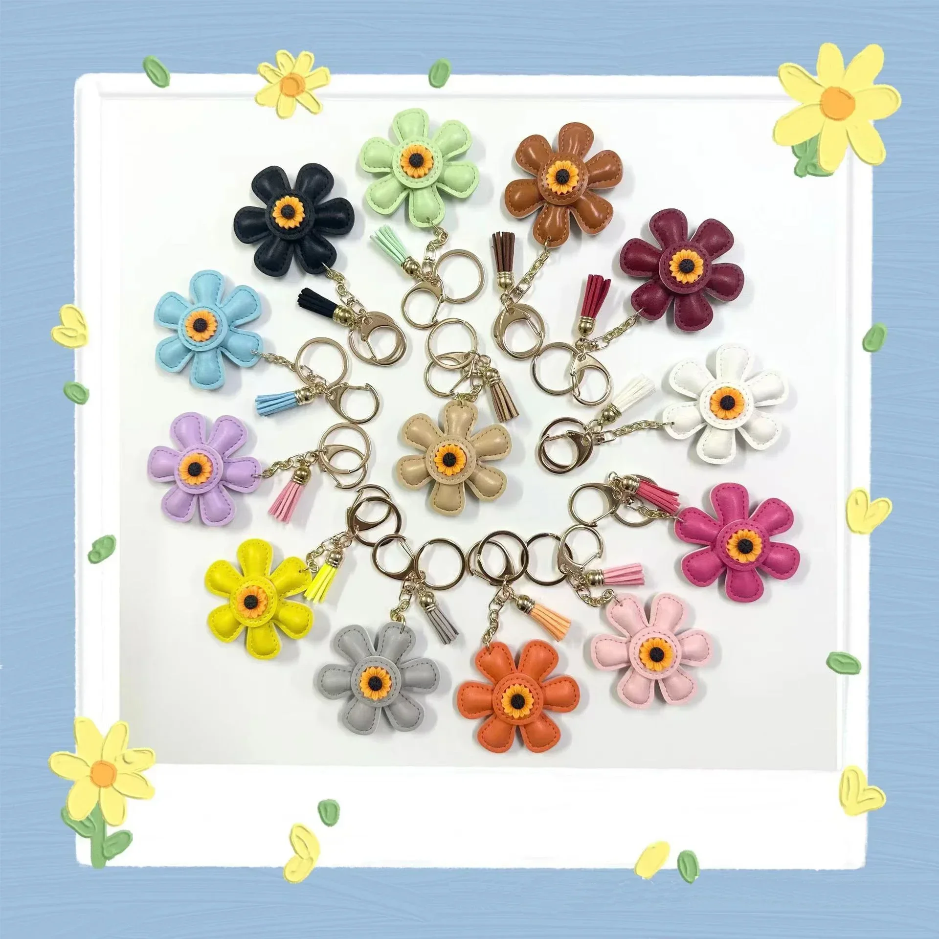 Zonnebloem tas hanger, lederen sleutelhanger, Valentijnsdag, Moederdag, verschillende kleuren bloemknop hanger