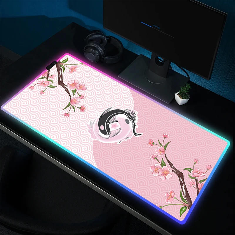 Коврик для мыши RGB Koi Taichi с подсветкой, Настольный коврик, большой игровой резиновый коврик для мыши, игровой нескользящий компьютерный ковер XL