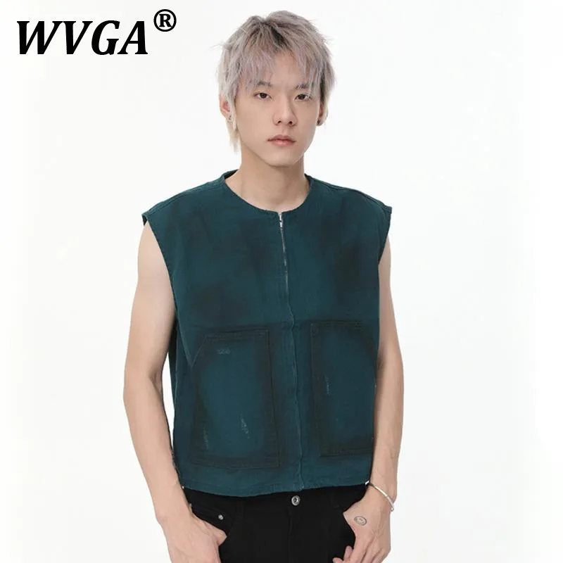 

WVGA Spring Summer New Man Tide High Street Personality Vintage Sleeveless Denim Vest Niche Chic Casual Waistcoats Ins Y2K W9833