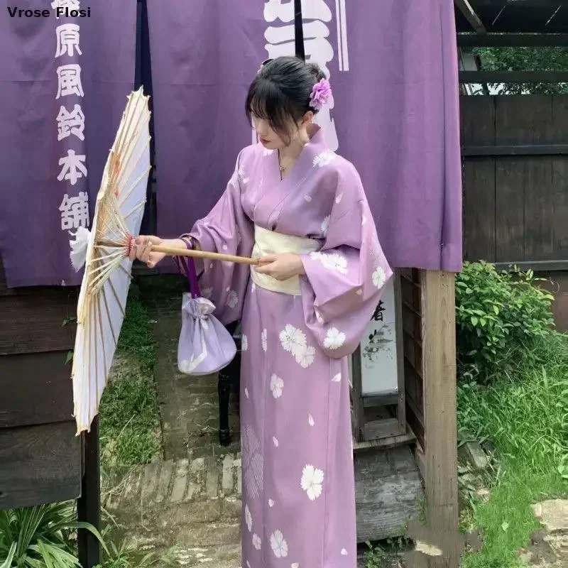 

New Japanese Kimono Woman With White Obi Vintage Style Flower Printed Performing Yukata Dress Photography Bath Robe