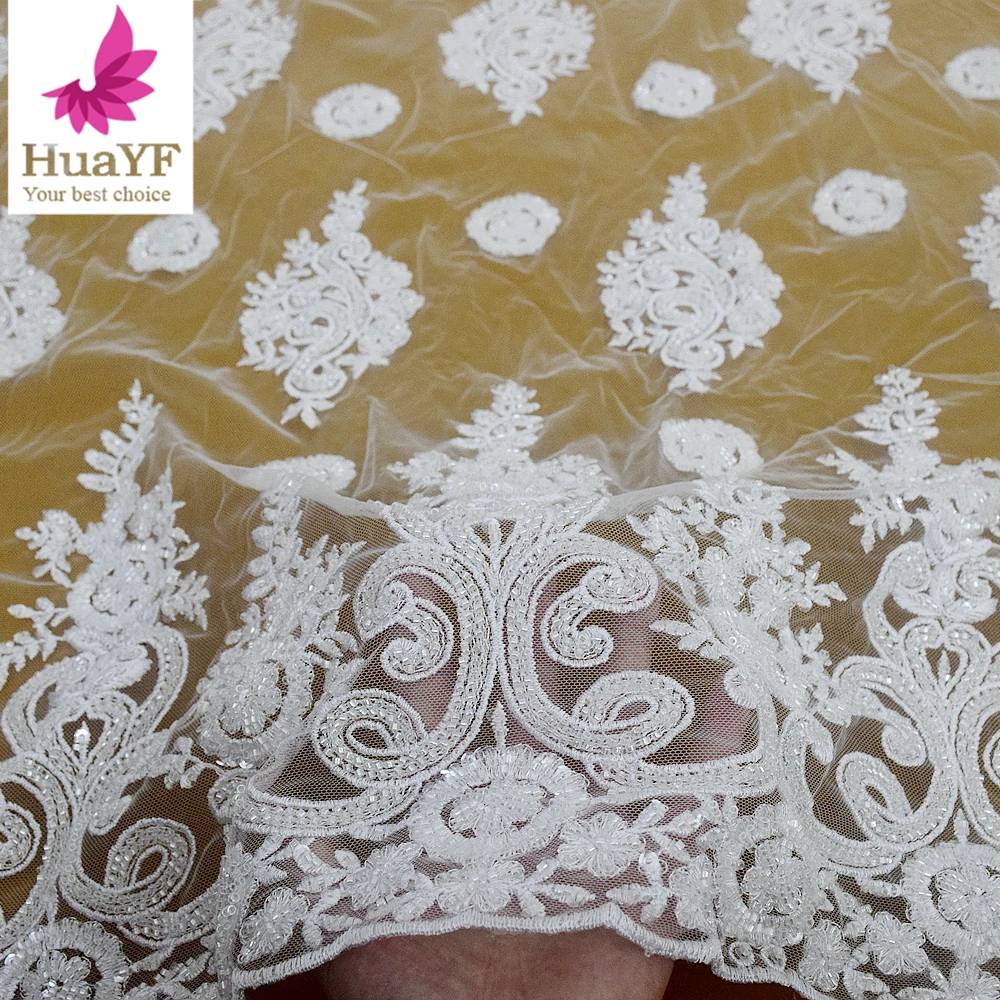 High Quality Luxury Handwork Beaded Tulle Sequins Lace Pearls Border Fabrics HY2339-1
