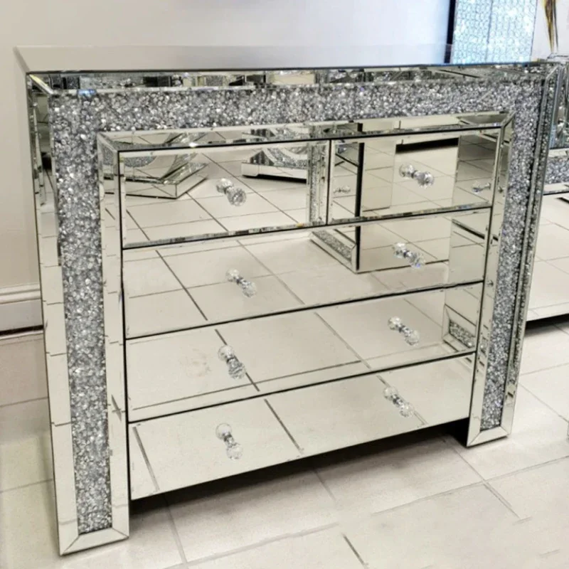 Muebles de dormitorio Mesa auxiliar de 5 cajones Gabinete con espejo plateado Cofre de diamante triturado para sala de estar Hotel