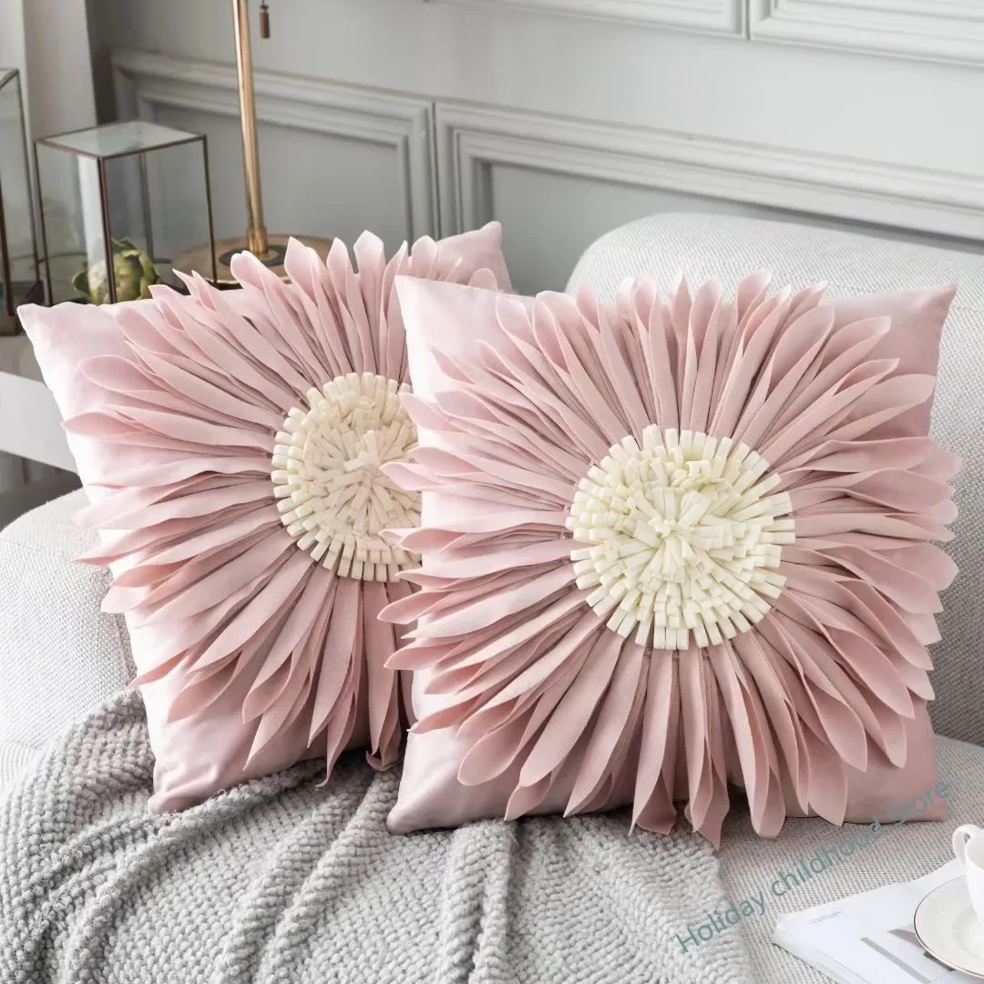 Fashion Modern Style Pink White Throw Pillows 45*45cm Velvet Stitching 3D Chrysanthemum  Cushion Waist Pillow Blue Cushion Case