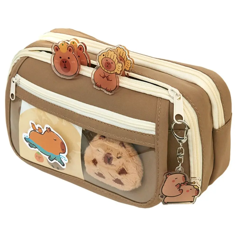 Large Capacity Pencil Bag Capybara Cartoon Stationery Holder Bag With Brooches Stickers Clips Keychains Children Pen Case