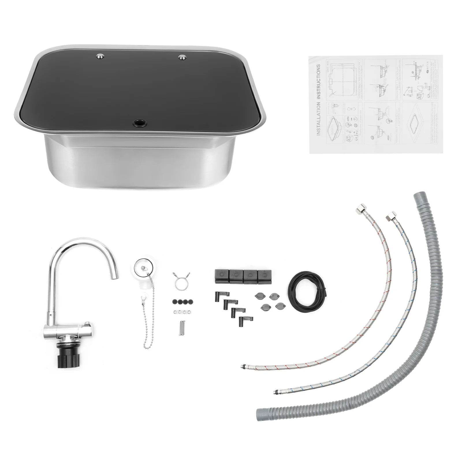 RV Sink Kit, Folding Square Outdoor Full Set+Lid+Faucet Stainless Steel Sink, Van Camper Trailer Accessories