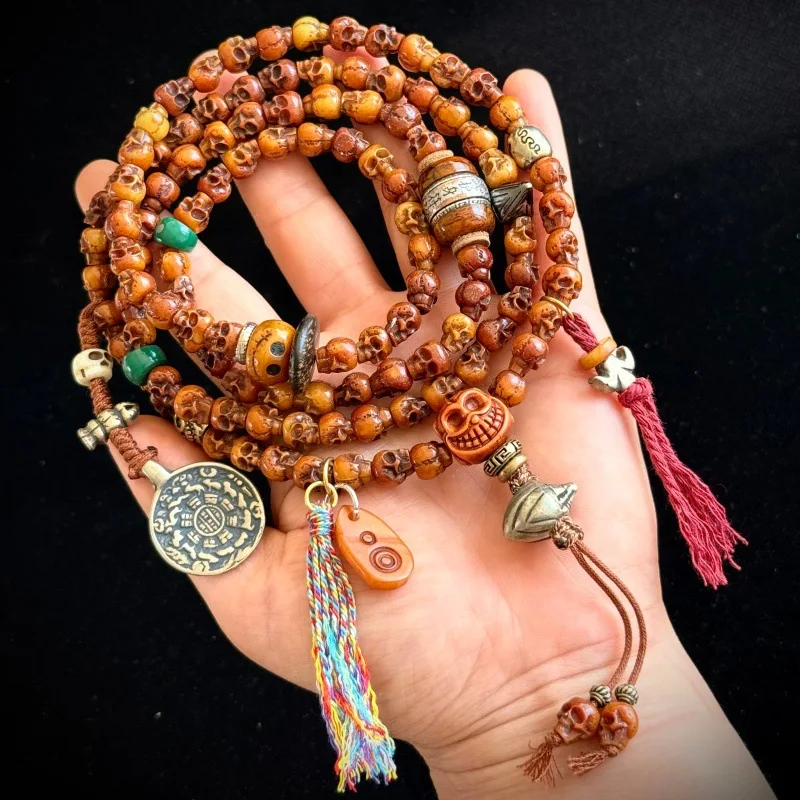 Tibetan-style Yak Carved Mandala 108 Beads Rosary, Camel Bone Three-Way Bead with Cloud Pendant for Meditation and Play
