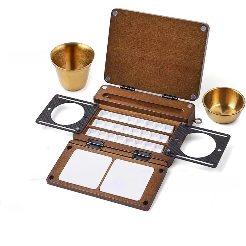 Portable 24 Wells Watercolor Palette Foldable Wooden Paint Tray for Artists Beginner Travel Painting Sketching Drawing Tools
