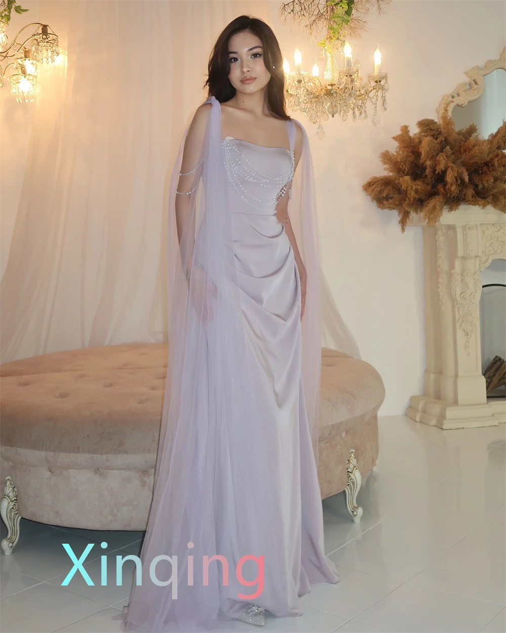 

Customized Elegant Light Purple Satin Evening Dress Fashion Square Collar Spaghetti Straps Sleeveless Prom Dress Soft