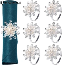 6Pcs Silver Pearl Napkin Rings Christmas Snowflake Napkin Holder Rings for Christmas Holiday Party Wedding Banquet Table Decor
