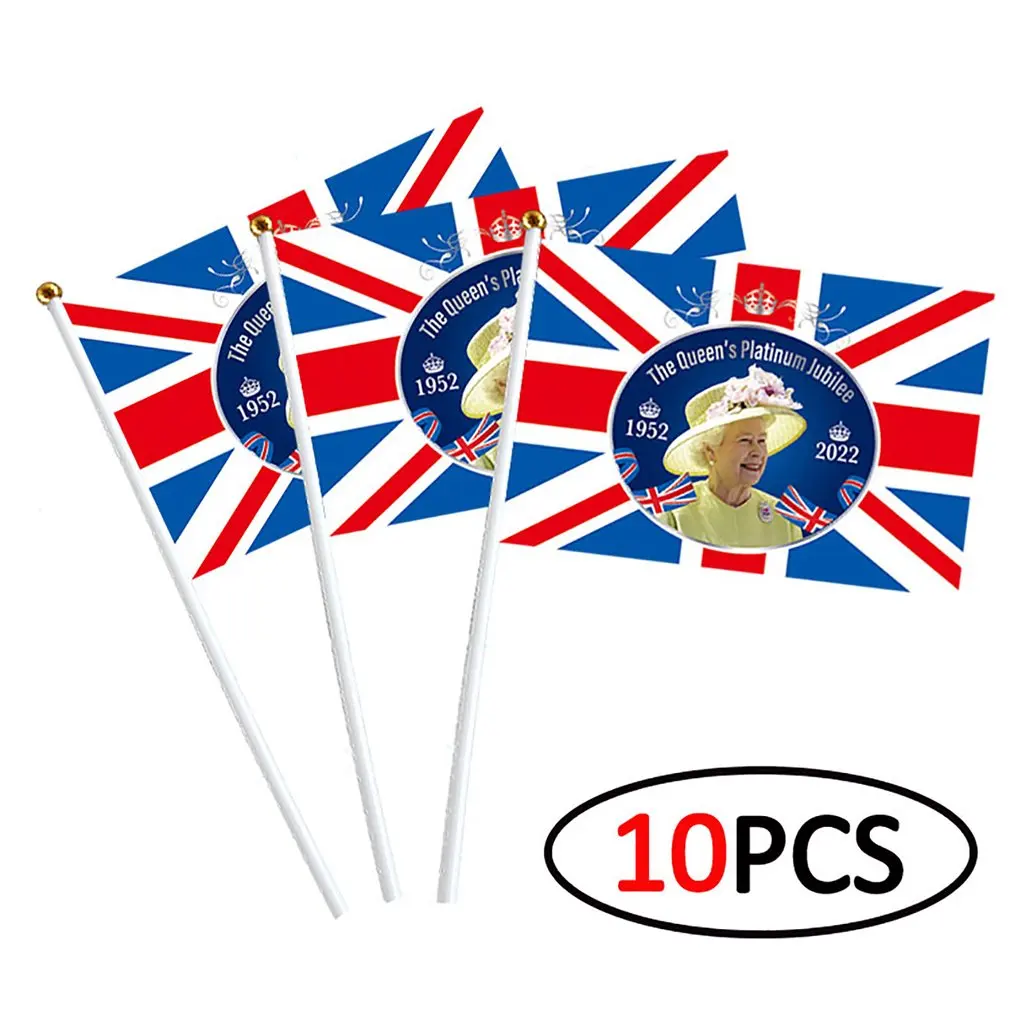 10pcs 14*21cm Flags England Queen Flag UK Flying Flag Britain United Kingdom Banner With Plastic Flagpoles Hand Waving Flags